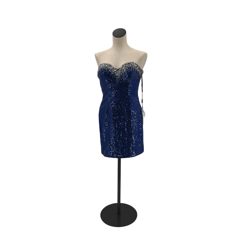 NWT Blue Sequin and Clear Rhinestone Event Strapless Minidress